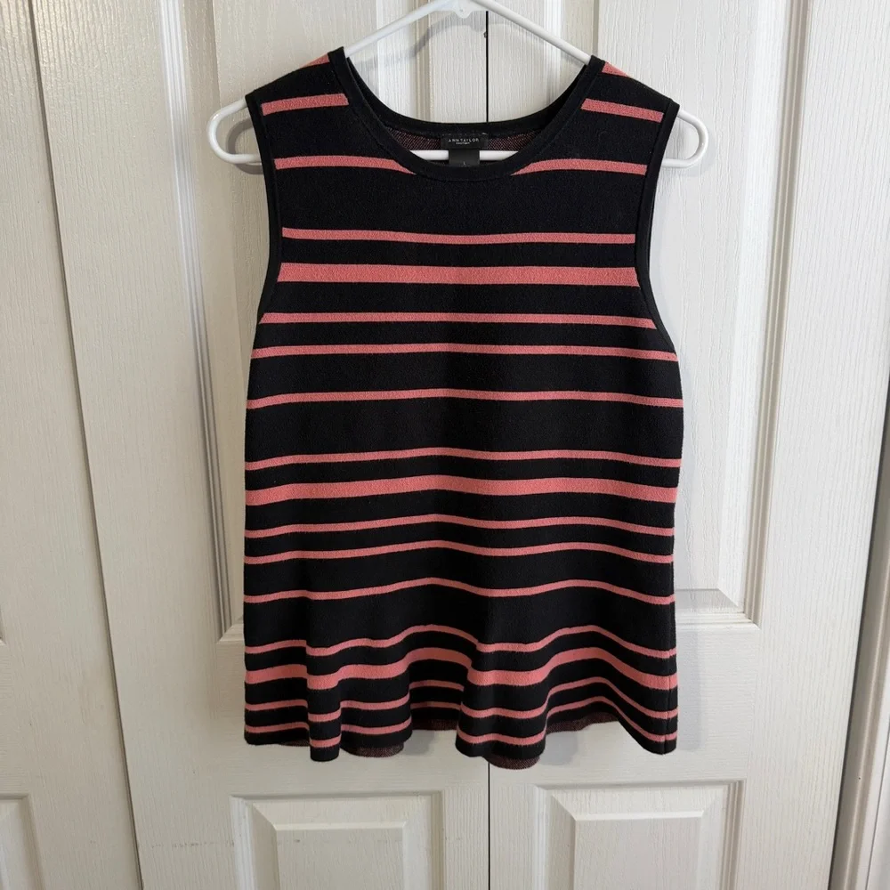 Ann Taylor Factory‎ black pink striped peplum sweater size large